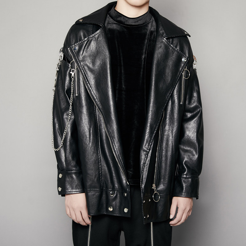 原创潮牌男装 摇滚高街头重工 街头链子随性机车pu皮衣外套夹克男