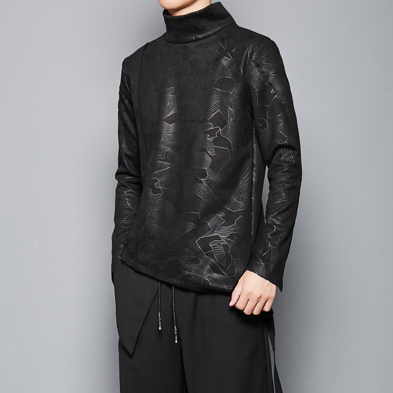 隐制男装 高端暗黑系立体剪裁仿鹿绒皮长袖修身印花高领潮流卫衣