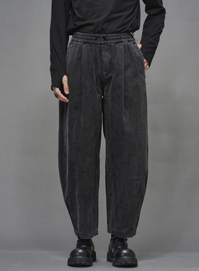 高品质秋季简约洗水日系复古男黑色弯刀工装九分宽松直筒男休闲裤