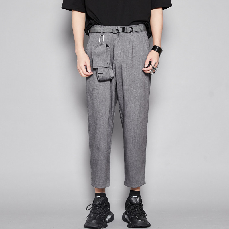 灰色街拍款西裤 英伦风垂顺质感百搭小直脚锥形西裤松紧腰九分裤