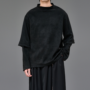 日系暗黑系小众半高领艺术生剪裁长袖T恤男女生假两件春秋打底衫