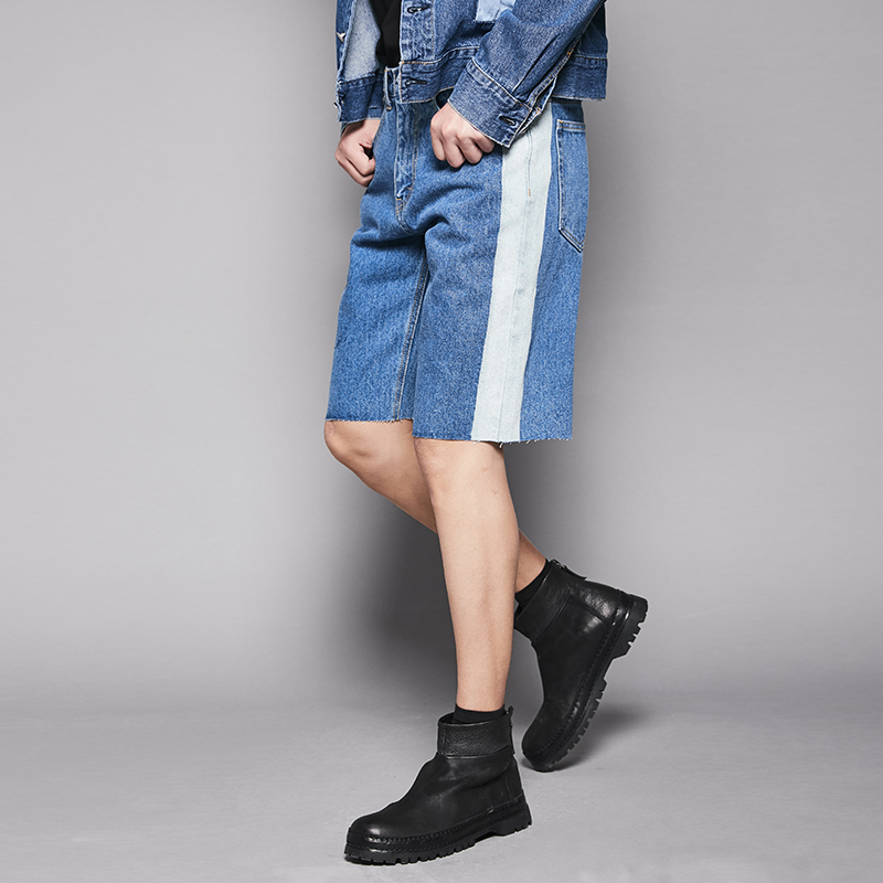 隐制男装 夏季蓝色拼色牛仔中短裤洗水蓝色英伦韩版潮流帅气裤子