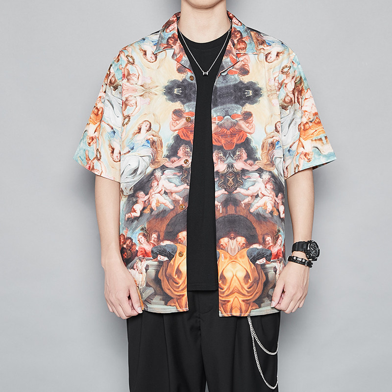 特别推荐夏宽松休闲宗教主题 数码印花男上衣 英伦风短袖街头衬衫