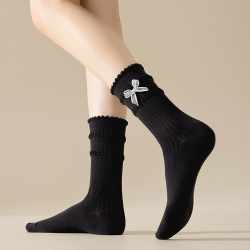 春季袜子女短袜纯棉饰品蝴蝶结芭蕾风精梳棉极抗无骨中筒黑色女袜