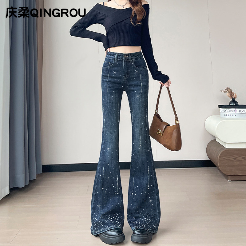 闪钻喇叭牛仔裤女2025年新款高腰显瘦弹力拖地裤高级感镶钻微喇裤