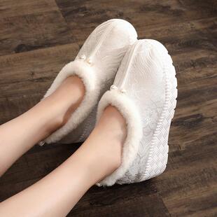 厚底汉服鞋子秋冬民族风绣花布鞋女一脚蹬软底不累脚加绒毛边棉鞋