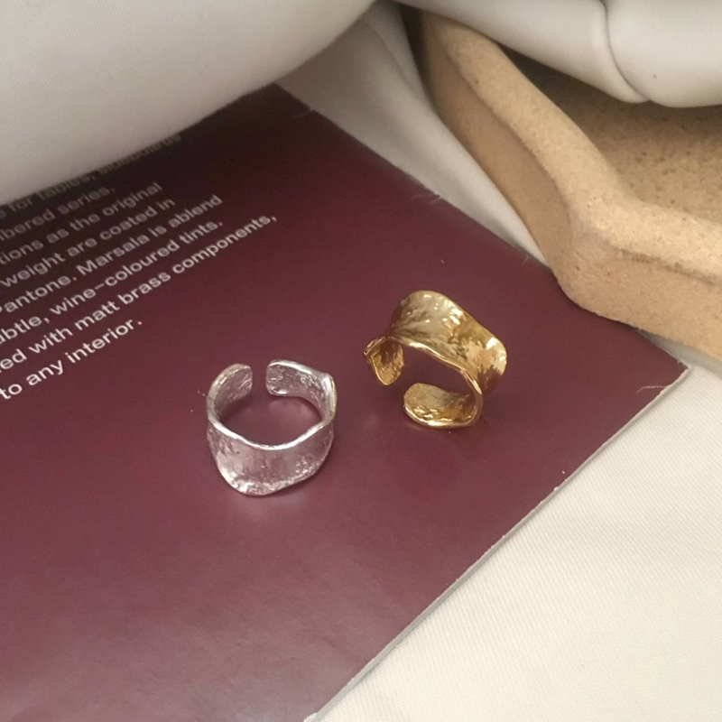 小众感INS潮冷淡风博主款锡纸褶皱宽面复古简约百搭时尚开口戒指