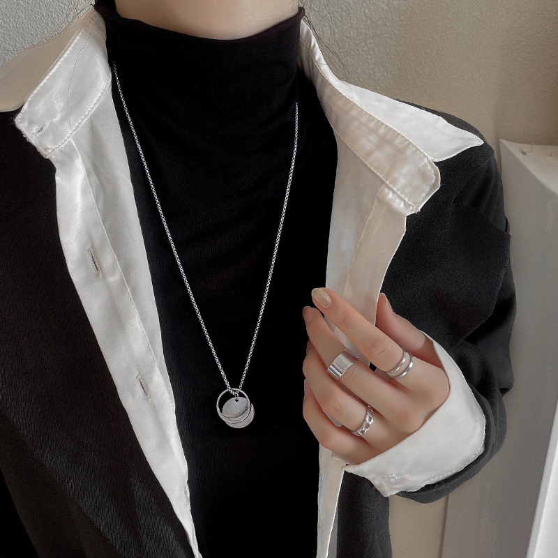 钛钢不掉色戒指项链ins冷淡风王一博同款潮嘻哈吊坠圆牌圆环链子