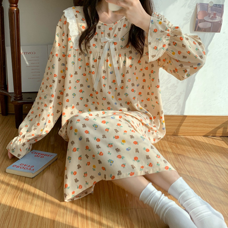 棉绸睡裙女夏季纯棉绸长袖中长款连衣裙睡衣薄款2023年新款家居服
