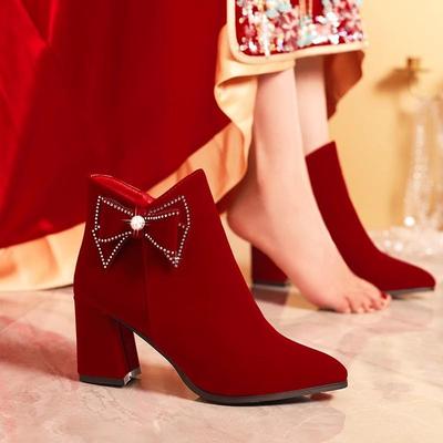 冬季红色新娘鞋加绒结婚短靴