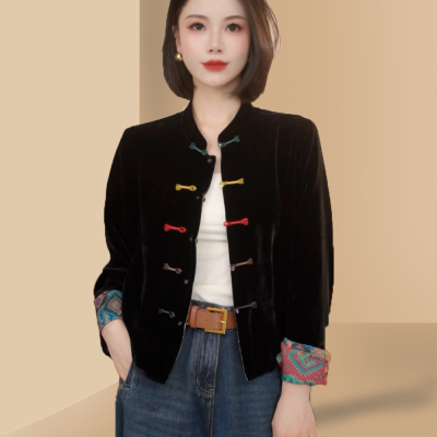 国风立领真丝丝绒外套女夹棉羽绒