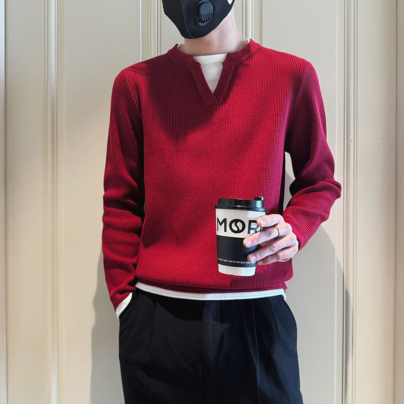 SM96-P88控118社会小伙店主风男假两件潮毛衣针织衫红2,男装针织衫/毛衣,电商A220