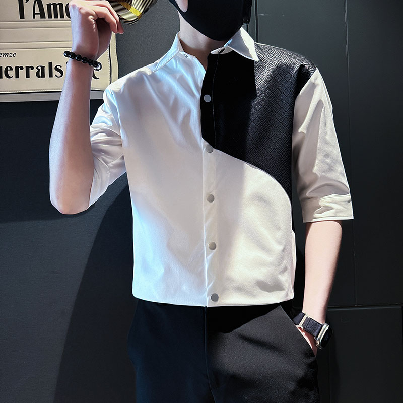 SC131-P58控78夏季男士衬衣男潮拼接衬衣短袖衬衫黑2,男装衬衫,电商A220