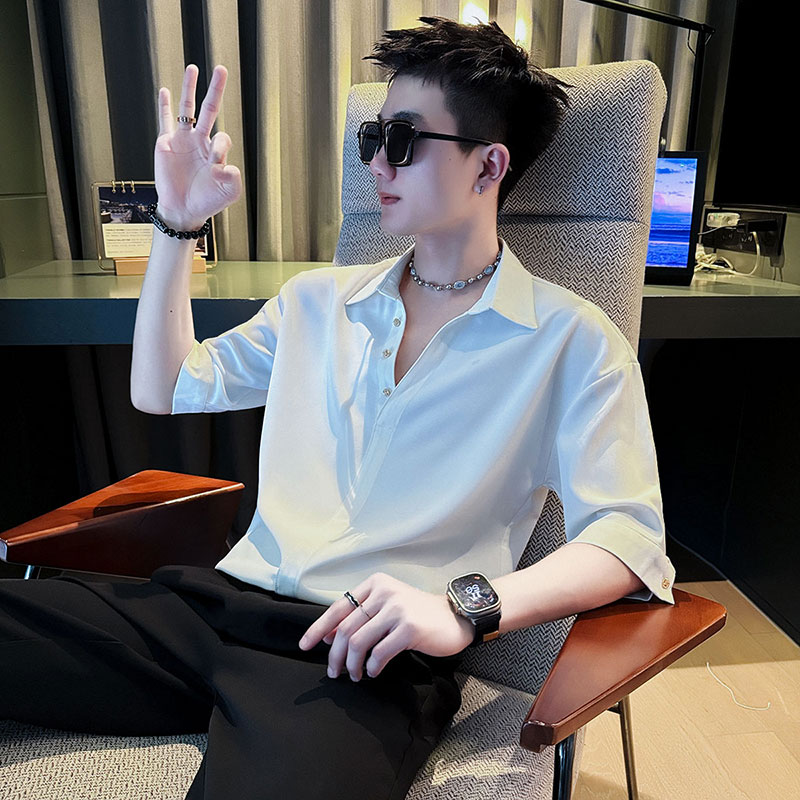 SC147-P58 控78 社会小伙店主风男潮中袖衬衣短袖衬衫 白1图片