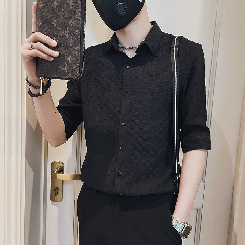 SC25-P58控78春夏男士衬衣男潮中袖衬衣休闲七分袖衬衫长袖绿2,男装衬衫,电商A220