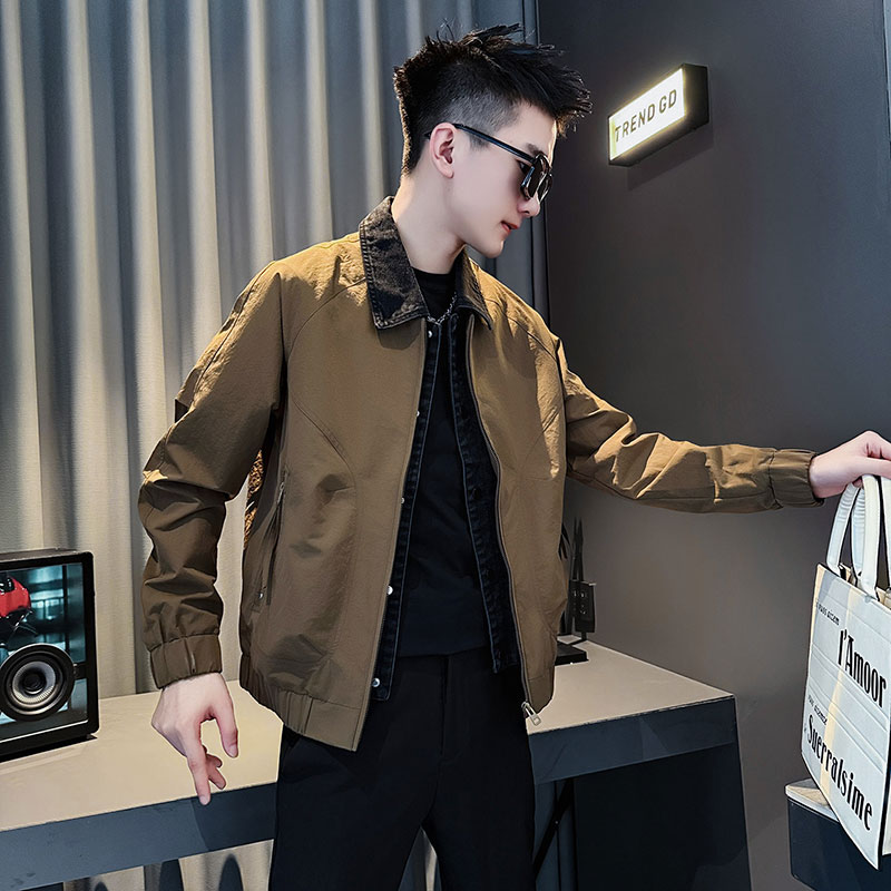 SJ144-P108控148社会小伙夹克外套假两件男潮店主风上衣咖2,男装夹克,电商A220