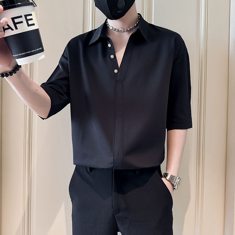 SC147-P58 控78 社会小伙店主风男潮中袖衬衣短袖衬衫 黑2图片