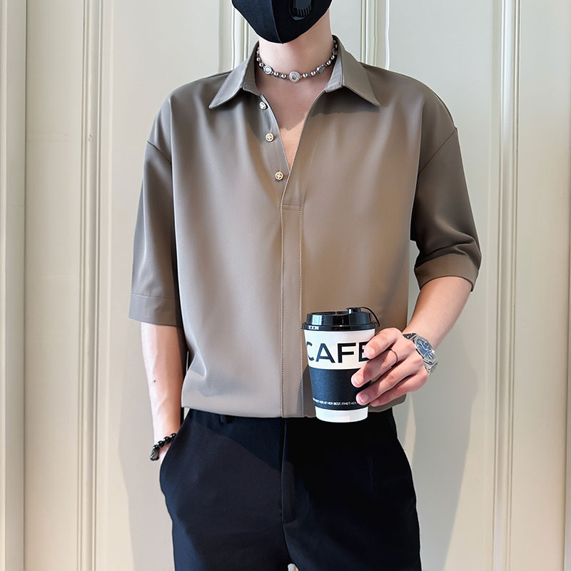 SC147-P58控78社会小伙店主风男潮中袖衬衣短袖衬衫黑2,男装T恤,电商A220