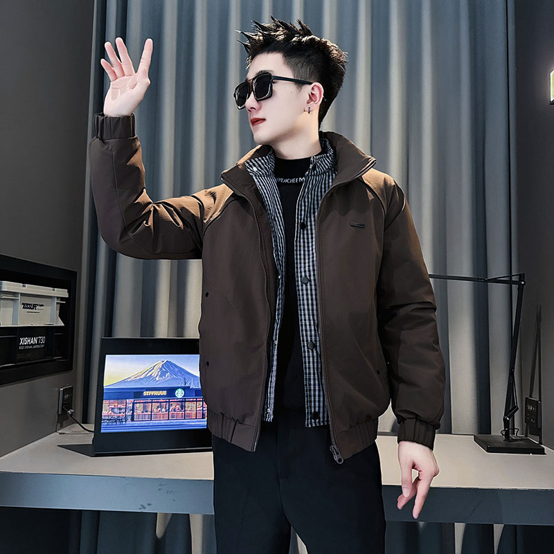 MF89-P148控198冬季社会小伙加厚保暖立领假两件棉服外套咖色2,男装棉衣,电商A220