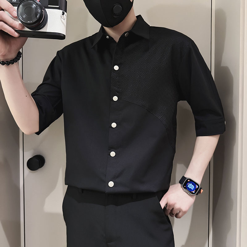SC131-P58控78夏季男士衬衣男潮拼接衬衣短袖衬衫黑2,男装衬衫,电商A220
