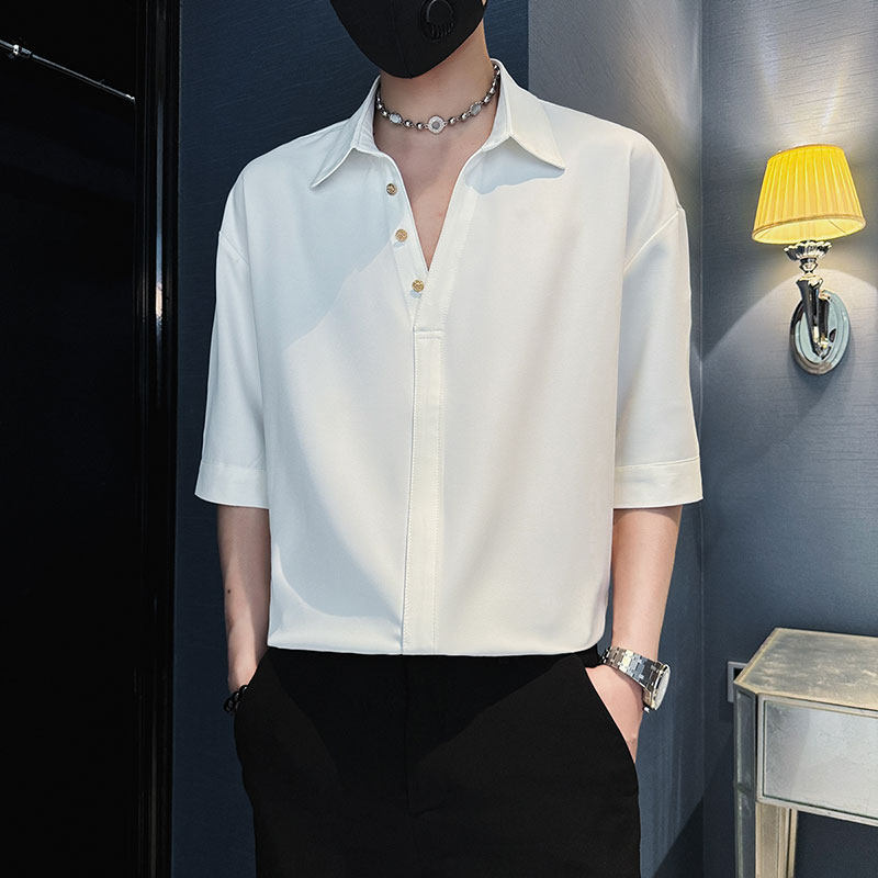 SC147-P58控78社会小伙店主风男潮中袖衬衣短袖衬衫黑2,男装T恤,电商A220