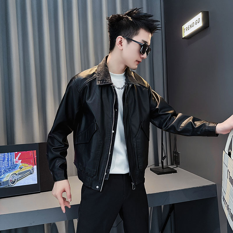 SJ159-P128控168秋冬装社会小伙皮衣夹克外套店主风潮上衣黑1,男装夹克,电商A220