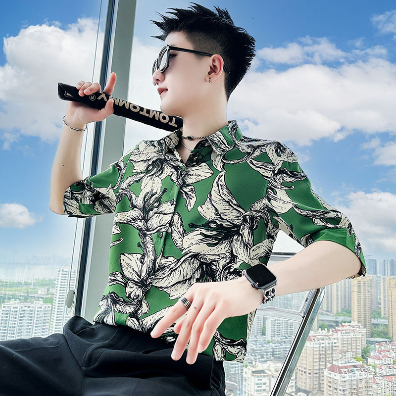 SC90-P58控89夏男士衬衣社会小伙衬衣休闲七分袖衬衫短袖黑2,男装T恤,电商A220