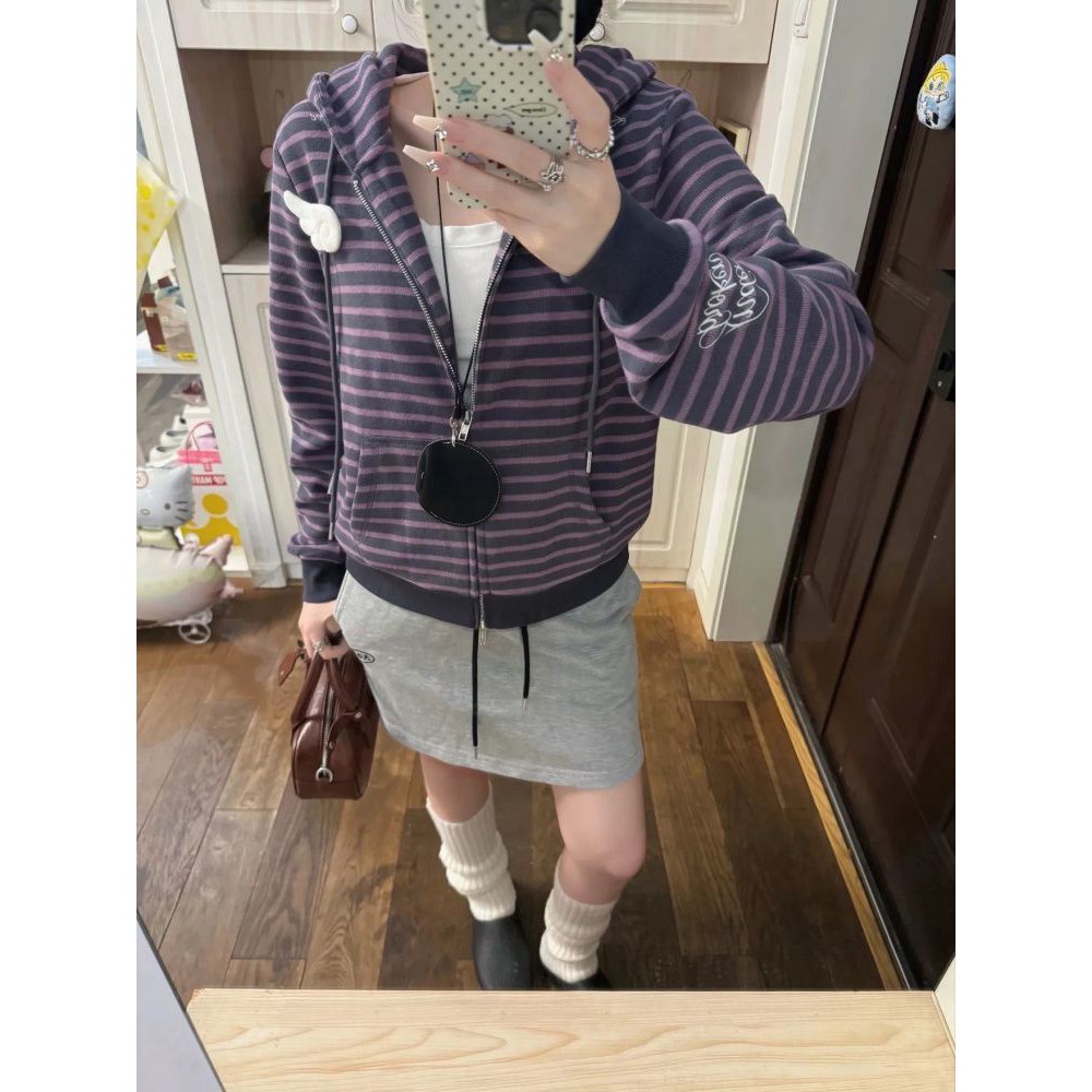 韩系撞色条纹开衫卫衣女秋季新款巨好看紫色休闲百搭双拉链外套图片