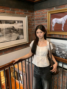 AYUESTUDIO自制 白色小荷叶花边圆领合身百搭衬衫薄款夏季