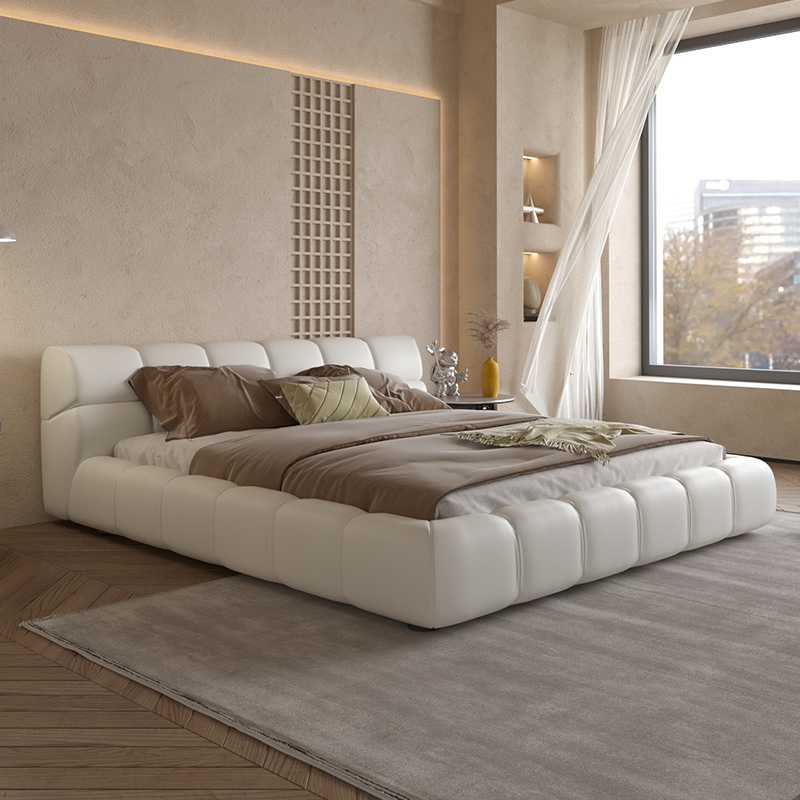 真皮床现代简约榻榻米双人主卧婚床意式轻奢高端大气奶油风泡芙床