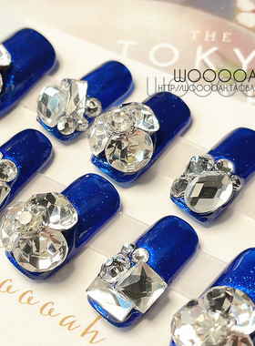 蓝色妖姬 法式穿戴甲美甲片成品超闪大钻球手工定制日系ins小红