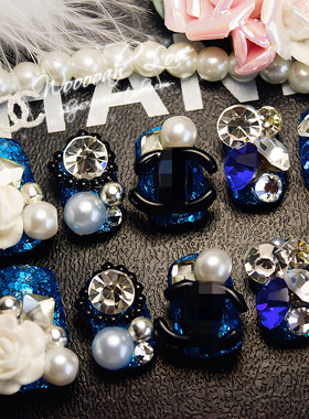 蓝色香风 少女心珍珠大钻桃心闪钻穿戴甲纯手工温柔2025新款日系