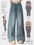 Ретро джинсовые осенние штаны, утепленные леггинсы, большой размер, для формы тела «груша», свободный прямой крой