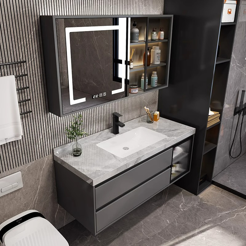 实木浴室柜组合岩板无缝盆一体盆