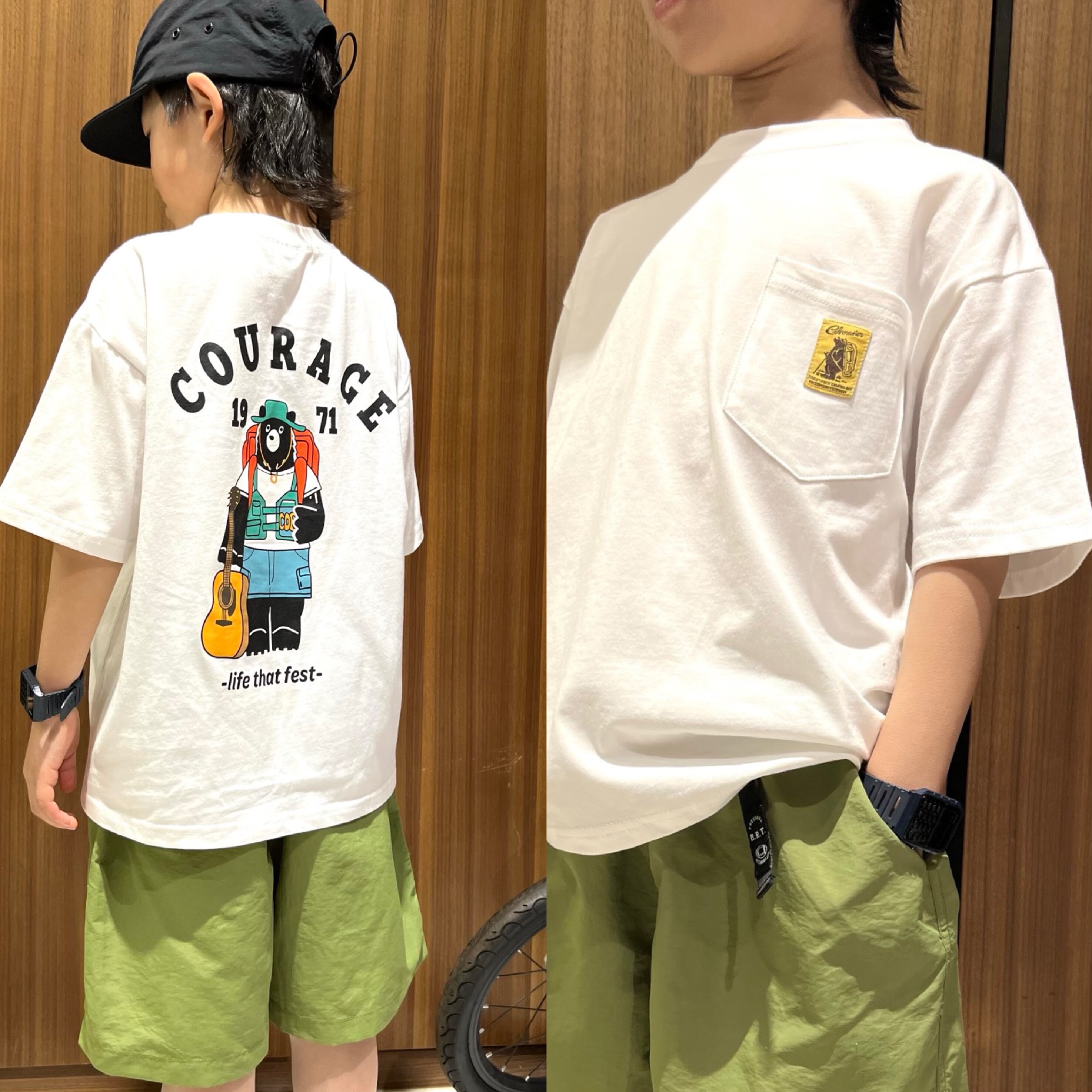 男女童T恤山系户外风背包客狗熊白色纯棉t恤经典百搭短袖半袖