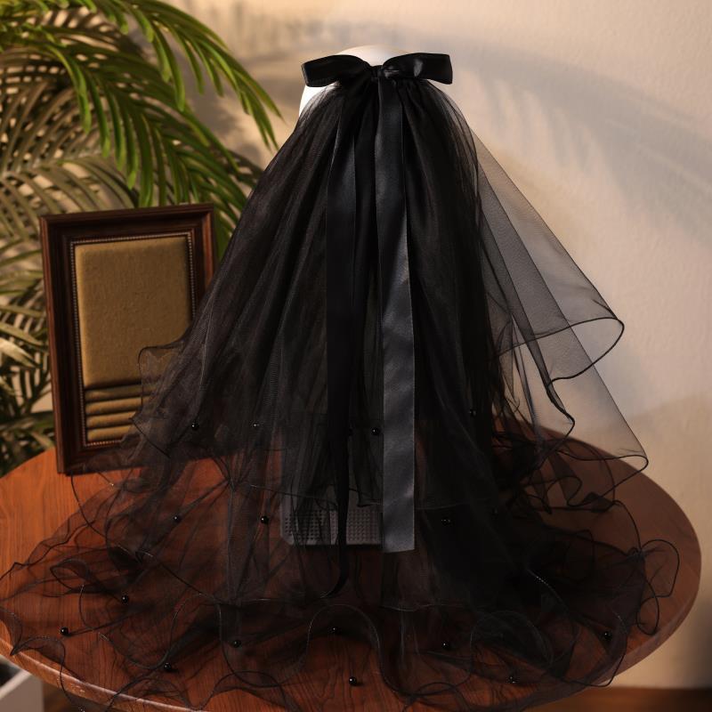 原创首发简约黑色蝴蝶结头纱