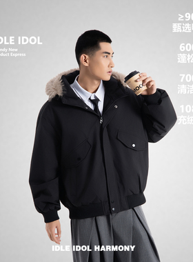 IDLE IDOL美式复古90%鸭绒连帽羽绒服男保暖外套情侣款休闲派克服