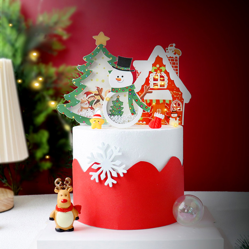 网红双层圣诞树雪人生日蛋糕装饰摆件插件圣诞节圣诞老人雪屋插牌
