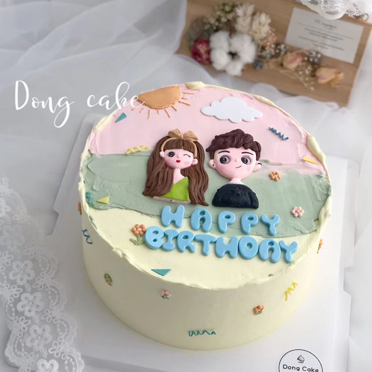 520情人节烘焙装饰软陶黑衣男孩眨眼女孩摆件情侣生日蛋糕插件