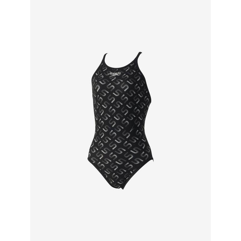 代购Speedo速比涛女士泳衣耐氯速干黑色印花游泳训练泳装爆款