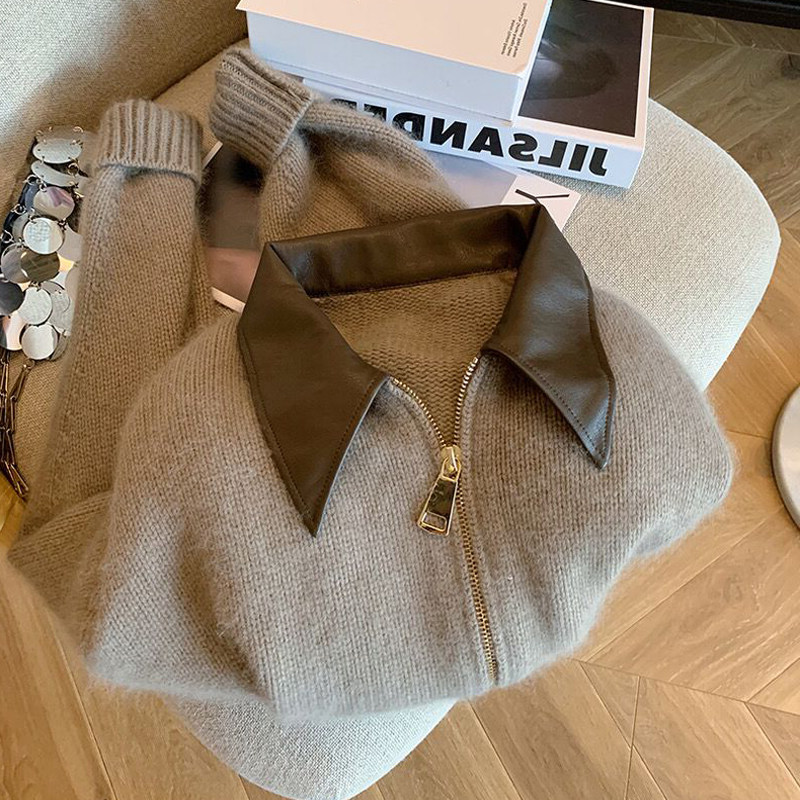 광저우 13선 최고 인기 스타일 유출 고급 스플라이스 가죽 칼라 더블 지퍼 니트 가디건 스웨터 여성용 짧은 재킷