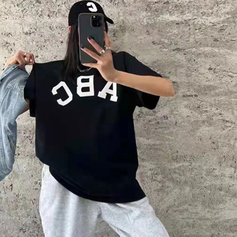 欧美潮牌加肥加大半袖高街短袖植绒字母ABC夏季情侣宽松t恤BF风