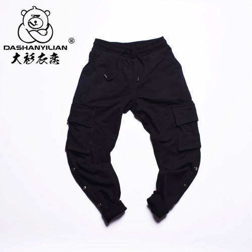 春季纽扣工装大码束脚运动裤子