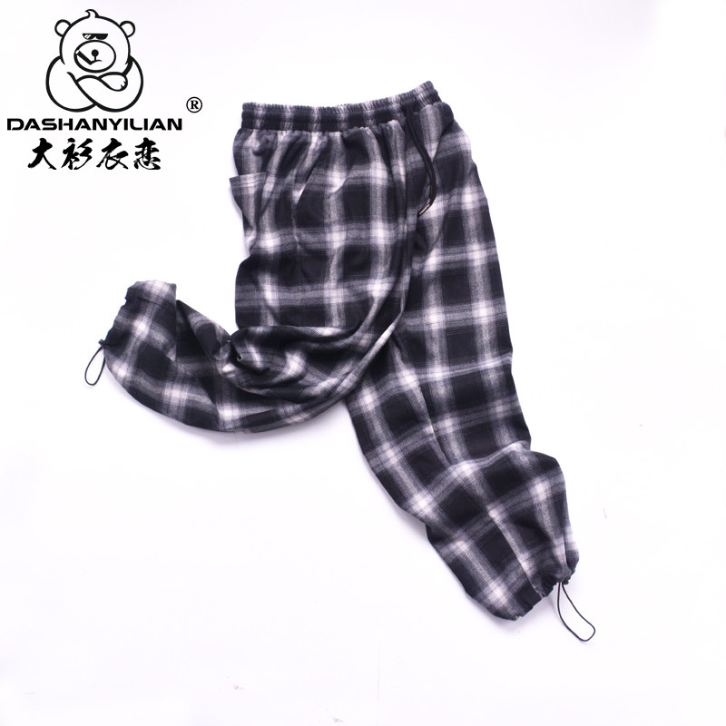 大衫衣恋特大码ulzzang潮牌黑白格子裤男女宽松复古束脚裤ins情侣