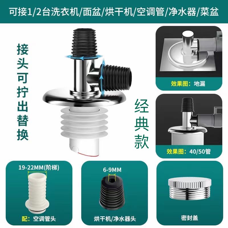 洗衣机下水管地漏接头排水管道专用防臭防溢两用卫生间三通盖