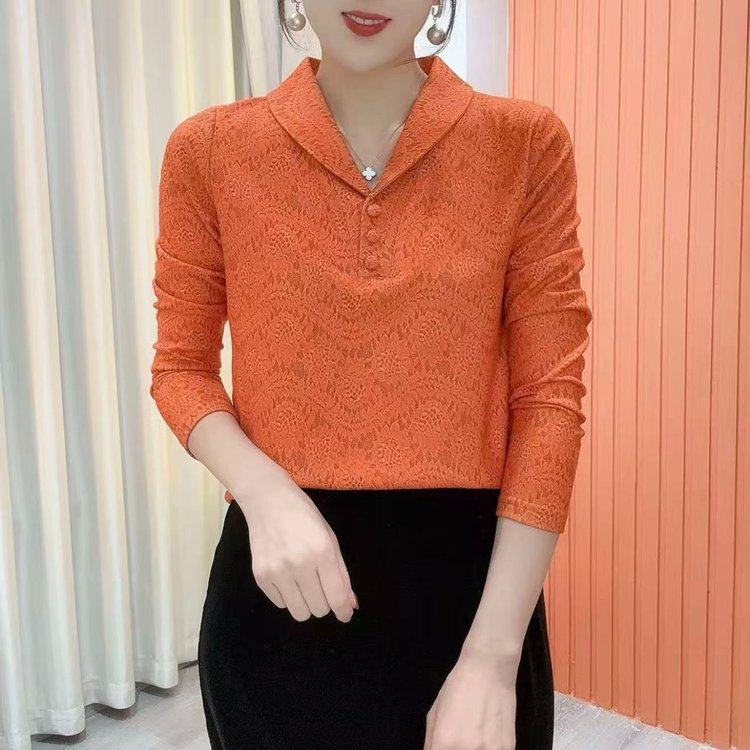 原版面料直播爆款2025冬季新款时尚翻领洋气蕾丝打底衫女