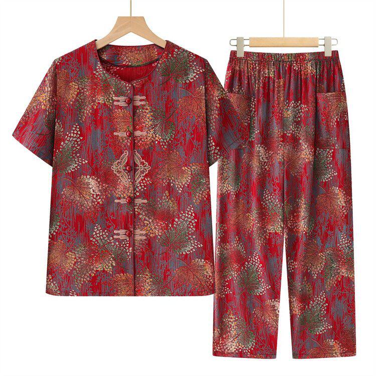 中老年人夏装女奶奶棉绸套装大码长袖妈妈睡衣老太太居家薄衣服