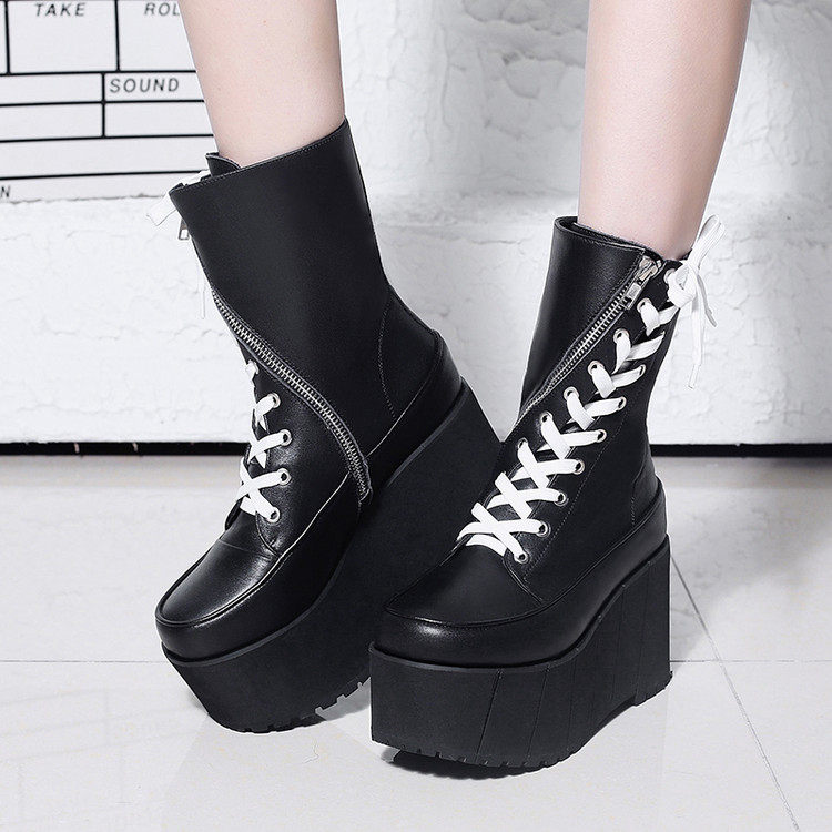 真皮厚底短靴系帶拼色女靴日本原宿味松糕鞋個性潮馬丁靴及踝靴在類目 女鞋, 靴子, 馬丁靴中 - 來自Buy2taobao.com提供專業的淘寶代購服務