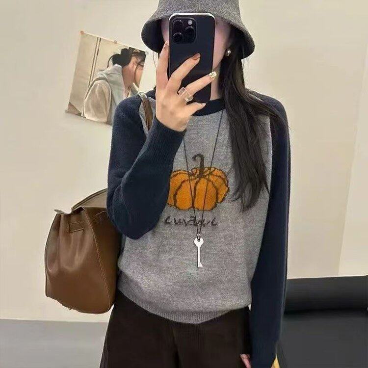 原版直播爆款2025冬季新款时尚拼色印花洋气百搭针织衫女