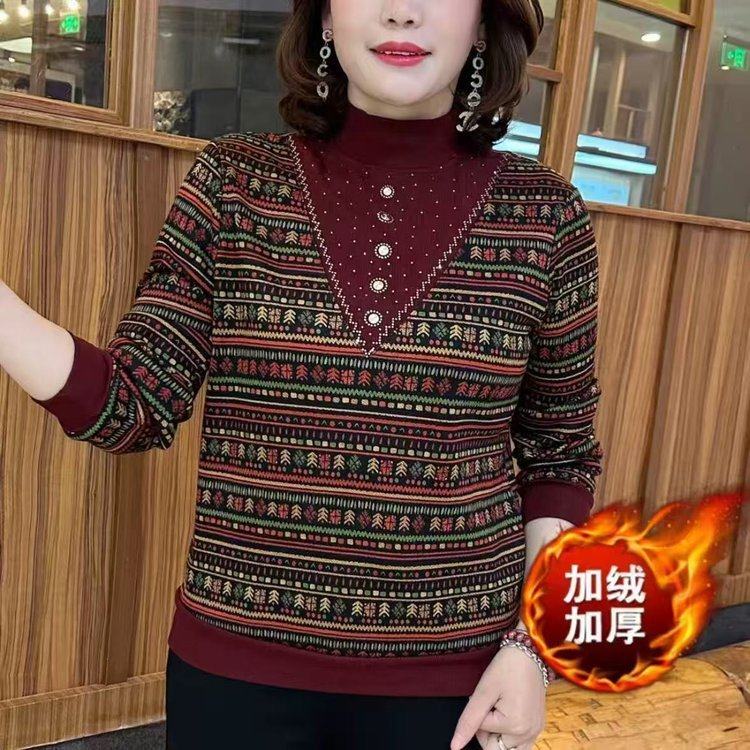 原版直播爆款2025冬季新款时尚假两件印花加绒保暖打底衫